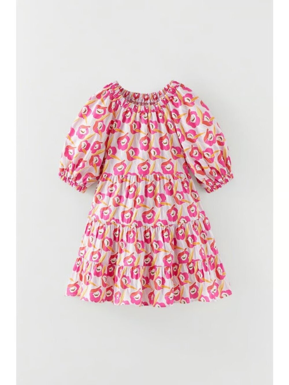 Girls' ZARA Pink Floral Cotton Poplin Puff Sleeve Tiered Dress, Size 13-14